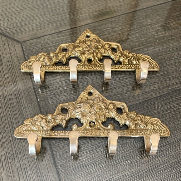 Vintage Other - Vintage Floral Brass Wall Mounting Key Hooks. Key Storage, Victorian Style